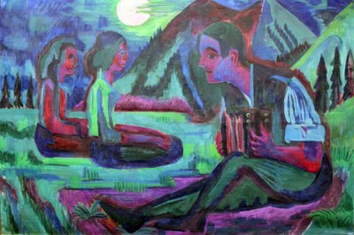 Handorgelspeler in maanlicht door Ernst Ludwig Kirchner